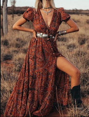 Print V Neck Bohemian Holiday Dress