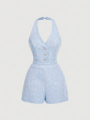 Halter Neck Buttoned Tweed Romper
