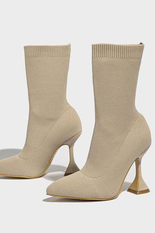 knitted pointed toe mid-tube ankle boots
