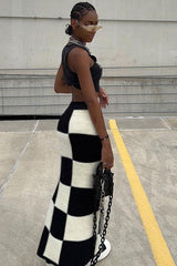 High waist slim slit bag hip checkerboard skirt
