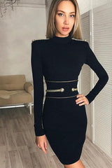 Gold Button Rivet Bandage Black Mini Long Sleeve Dress