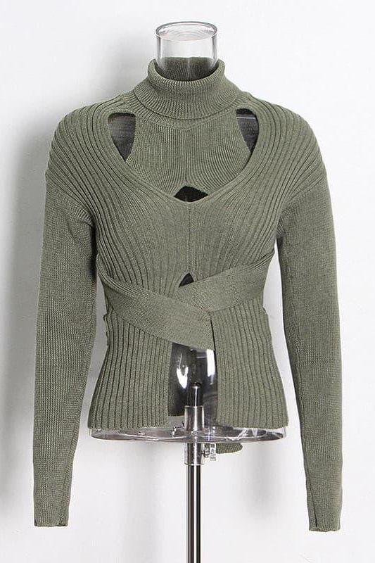 Hollow high neck tie elastic slim short sweater