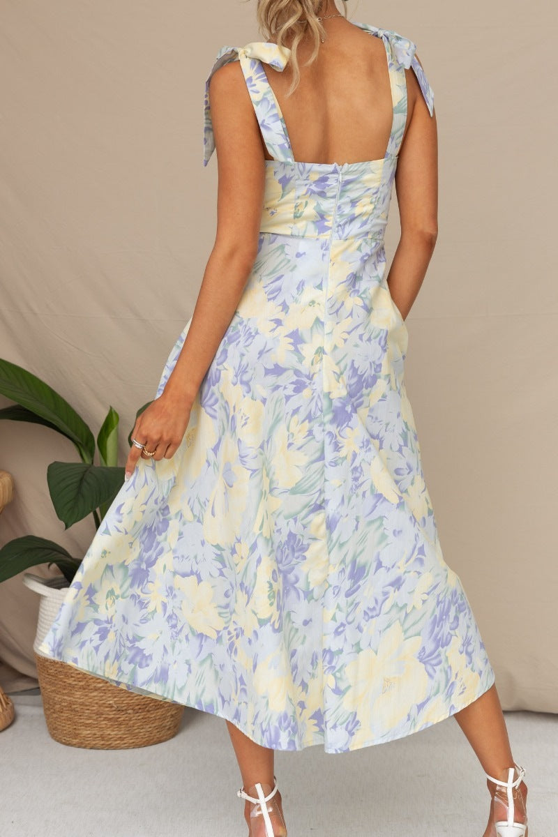 Slim Fit Waist V-Neck Suspender Print Dress