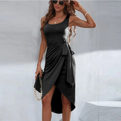 Irregular Strappy Vest Slit Square Neck Dress