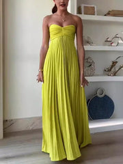 Lime Green One-Shoulder Pleated Maxi Dress