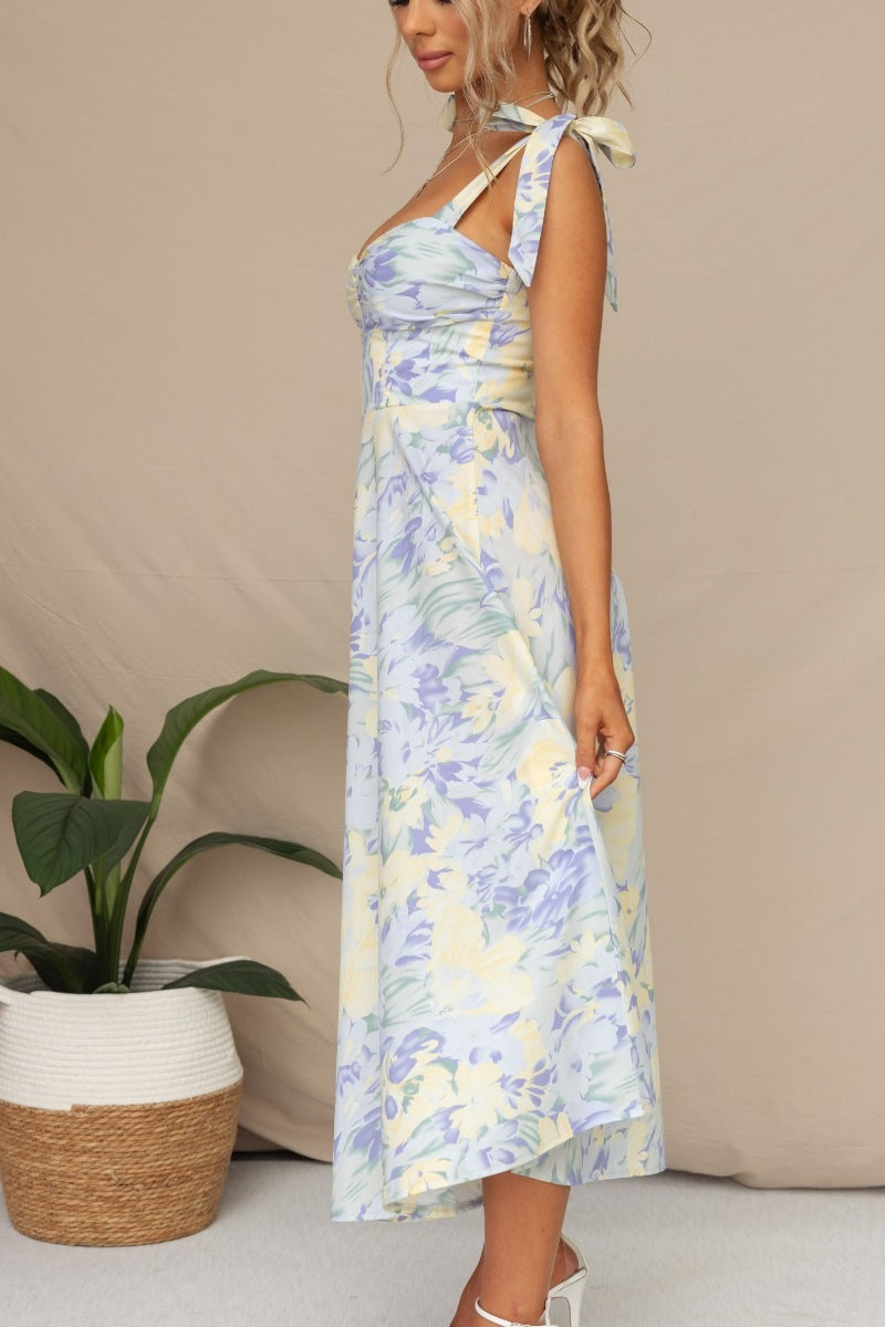 Slim Fit Waist V-Neck Suspender Print Dress