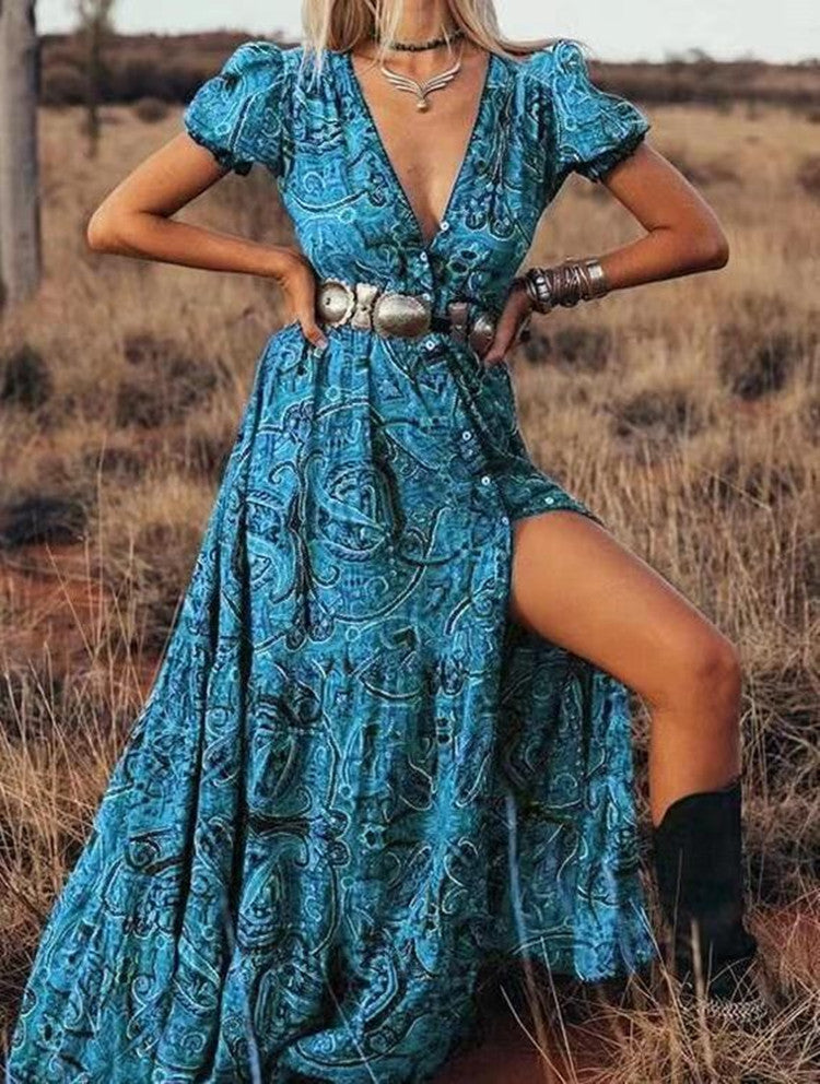 Print V Neck Bohemian Holiday Dress