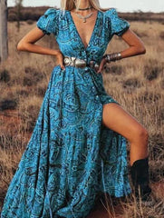 Print V Neck Bohemian Holiday Dress