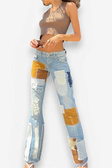American retro style contrast patch jeans