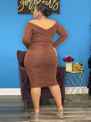 Off Shoulder Ruched Midi Dress