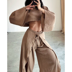 Linen Blend Crop Top Elastic Waist Ruffled Pant Set