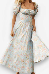 French Floral Printed Backless Long Dress