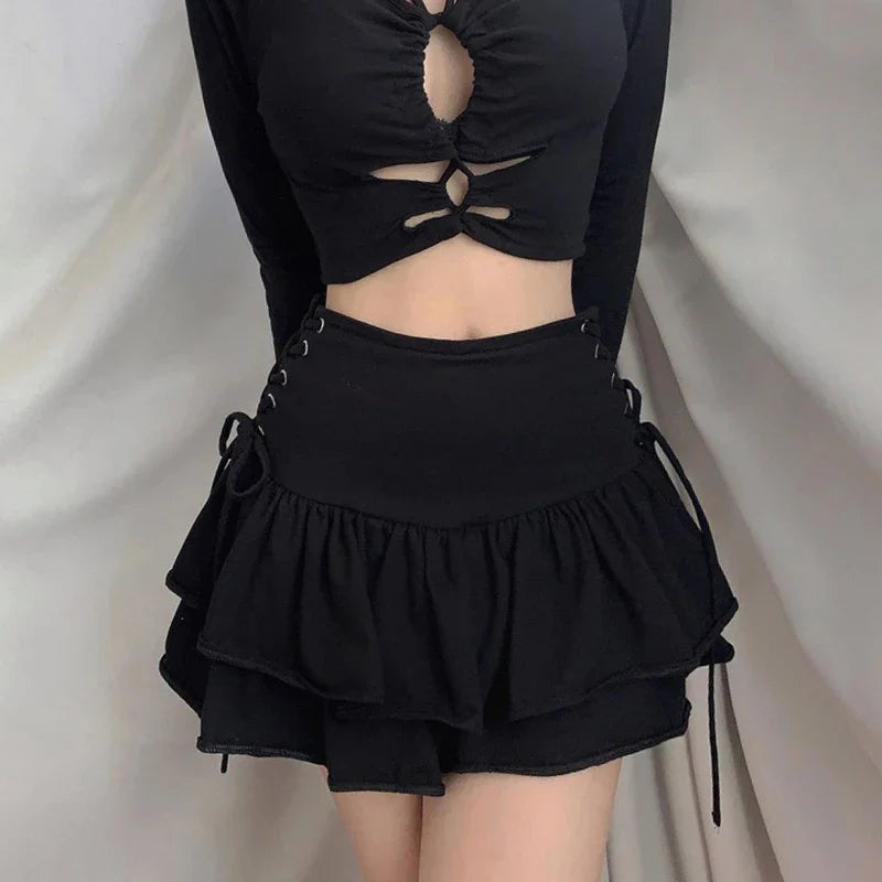 Pleated Ruffle Tiered Gothic Mini Skirt