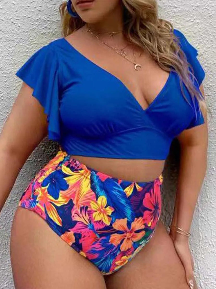 High Waist V Neck Ruffle Sleeves Plus Size Swimsuit