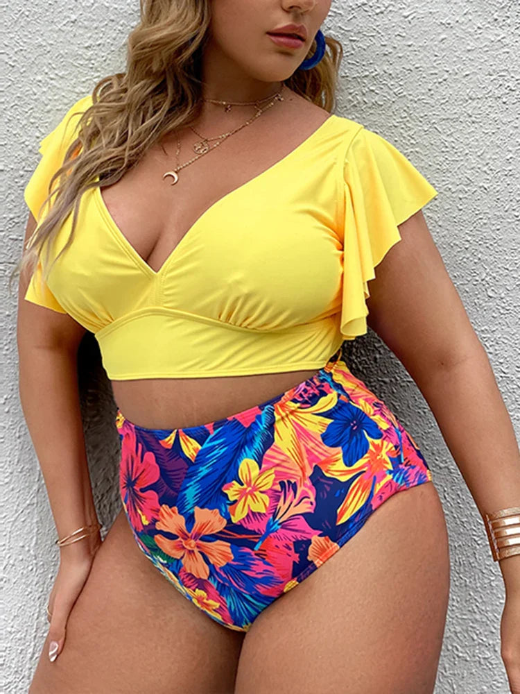 High Waist V Neck Ruffle Sleeves Plus Size Swimsuit