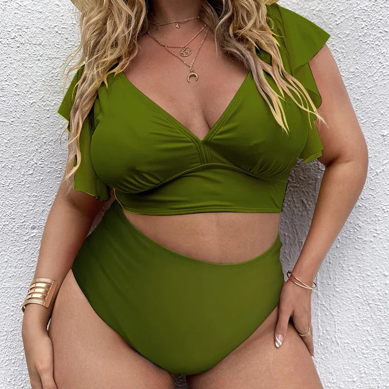 High Waist V Neck Ruffle Sleeves Plus Size Swimsuit