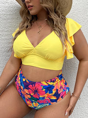 High Waist V Neck Ruffle Sleeves Plus Size Swimsuit