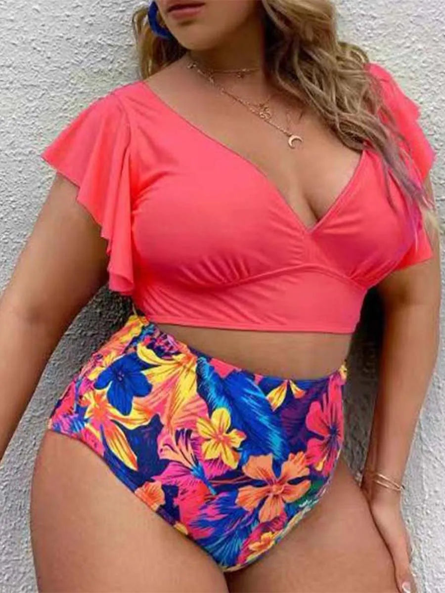 High Waist V Neck Ruffle Sleeves Plus Size Swimsuit