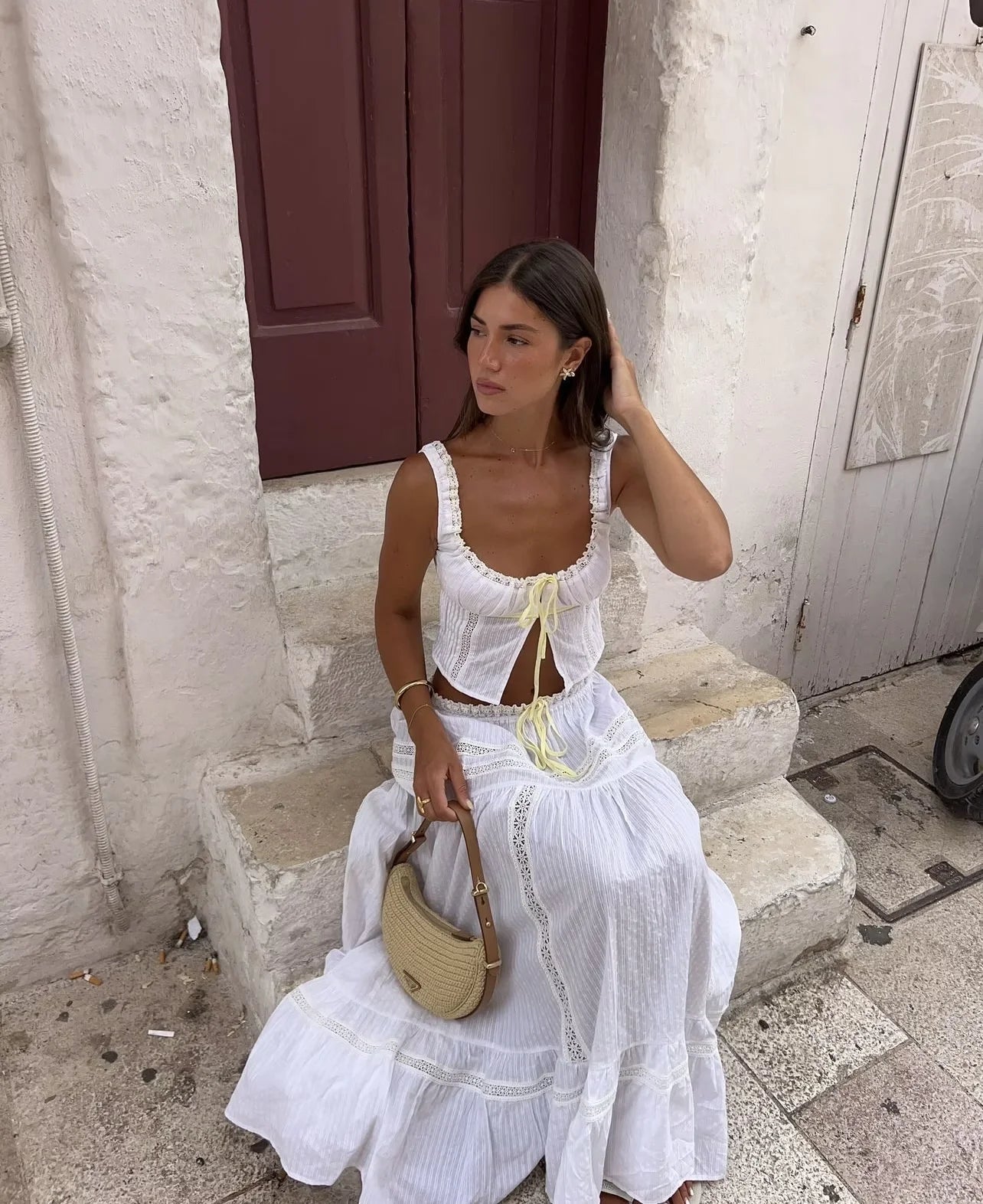 White Ruched Yellow Ribbon Crop Top And Maxi Skirt Set