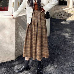 Vintage Woolen Plaid High Waist A Line Midi Skirt