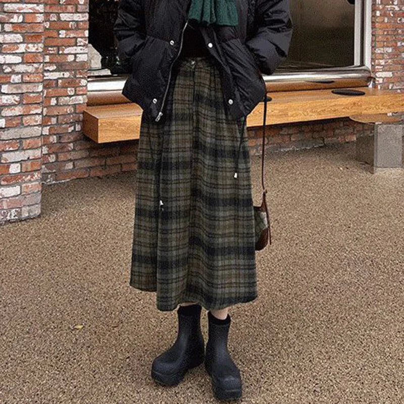 Vintage Woolen Plaid High Waist A Line Midi Skirt