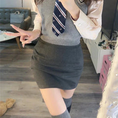 Preppy Style Dark Gray High Waist One Step Skirt