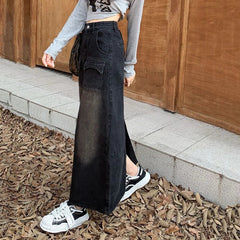 Vintage High Waist Streetwear A Line Denim Skirt