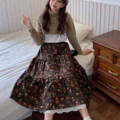 Vintage Lace Ruffle Pleated Long Skirt