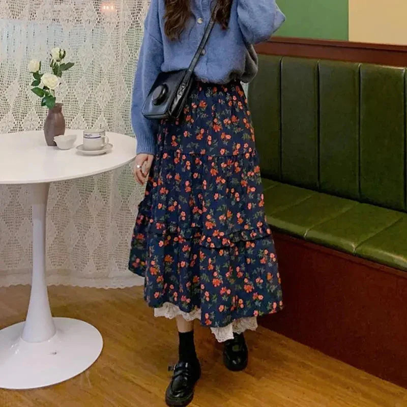 Vintage Lace Ruffle Pleated Long Skirt
