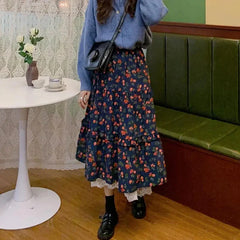 Vintage Lace Ruffle Pleated Long Skirt