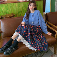 Vintage Lace Ruffle Pleated Long Skirt