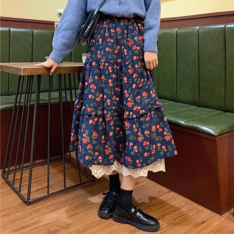 Vintage Lace Ruffle Pleated Long Skirt