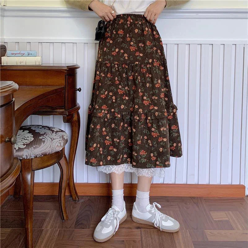 Vintage Lace Ruffle Pleated Long Skirt