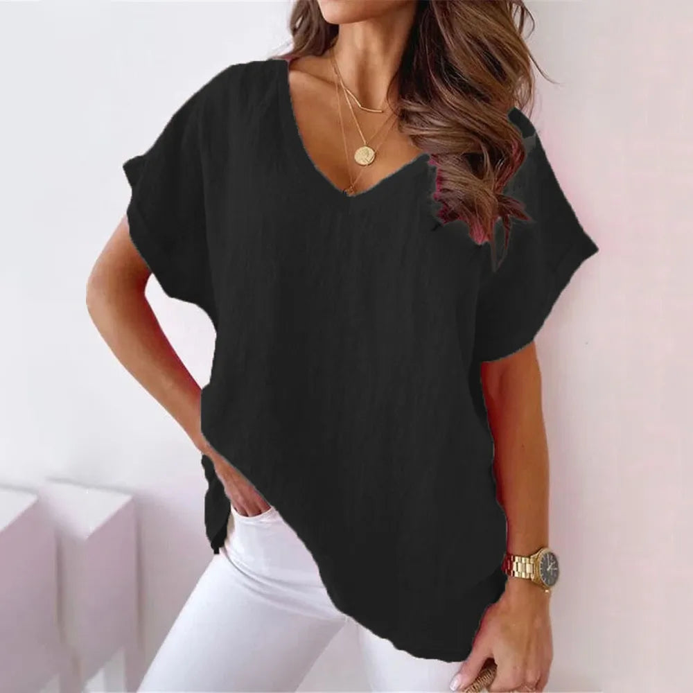 Summer Loose V Neck Khaki T Shirt