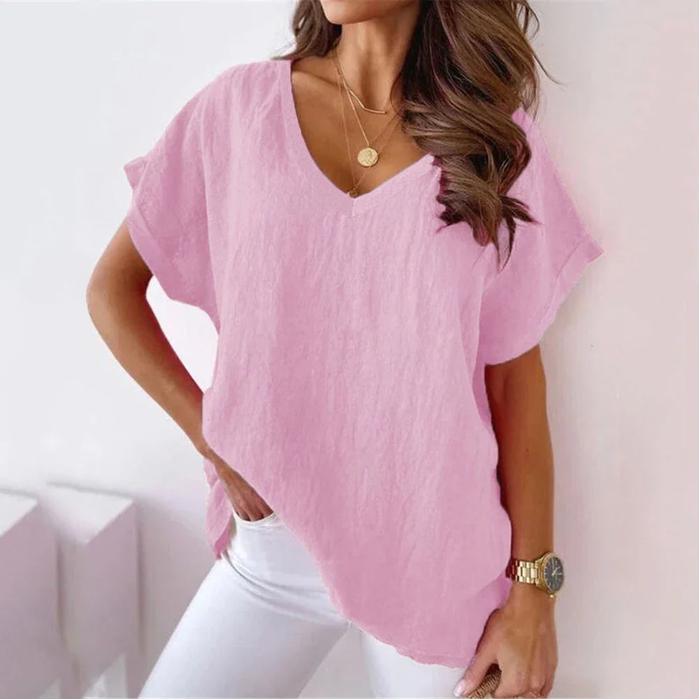 Summer Loose V Neck Khaki T Shirt
