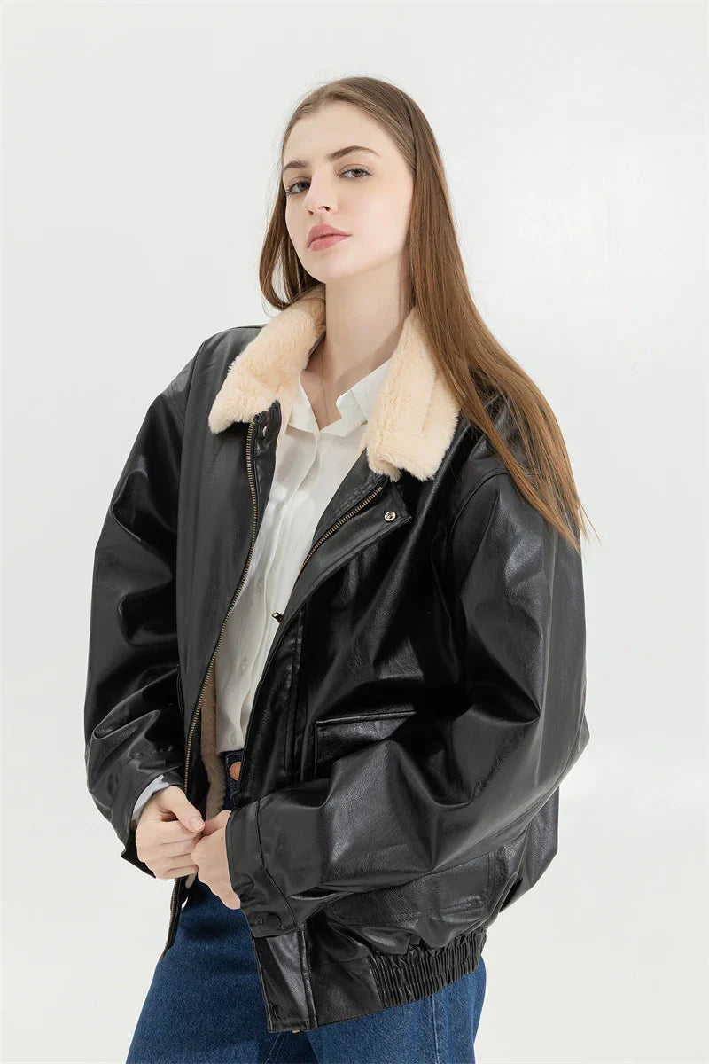 Faux Leather Lining Bomber Jacket
