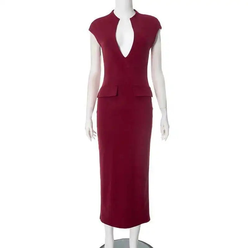 Deep Neck Short Sleeve Solid Midi Dress