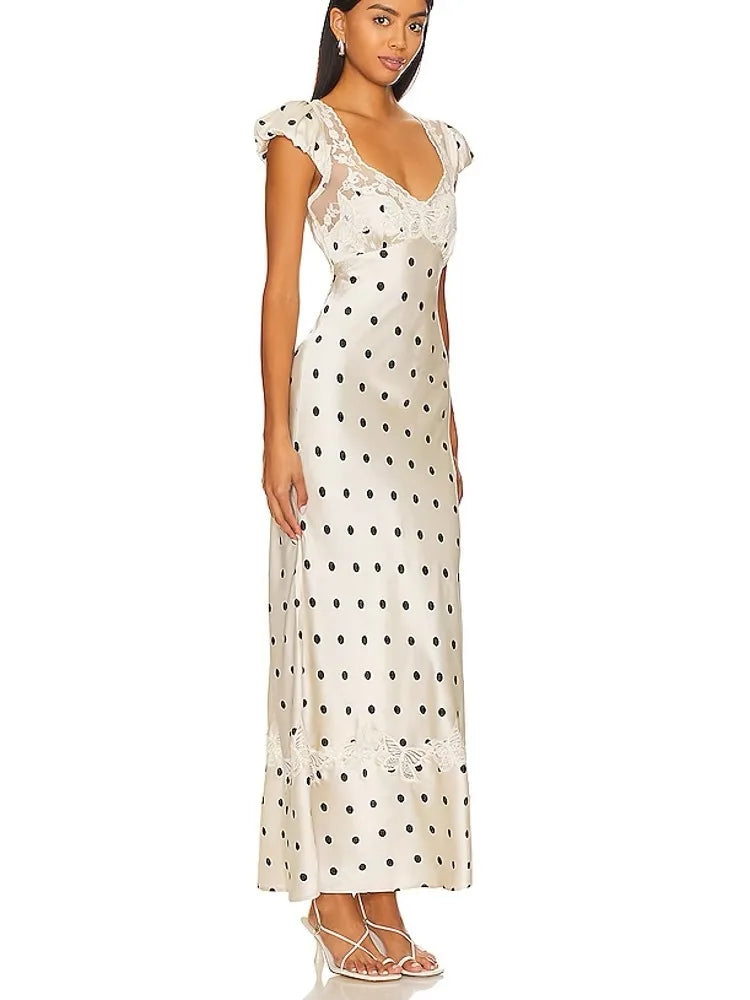 White Satin Polka Dot Maxi Dress