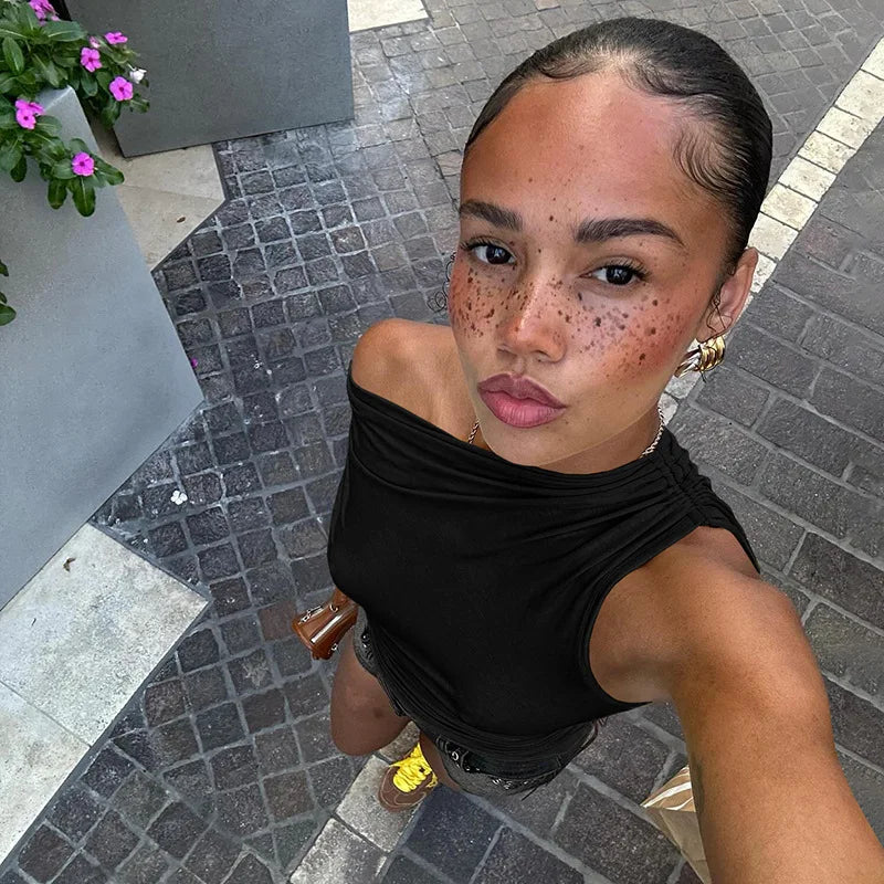 Drawstring Ruched One Shoulder Crop Top