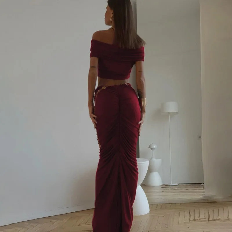 Off-shoulder Crop Top And Ruched Maxi Skirt Set