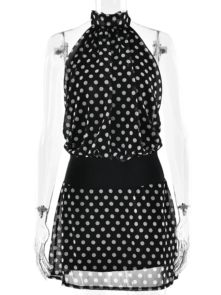 Black Polka Dot Mini Dress â€?Open Back Tie Up Halter
