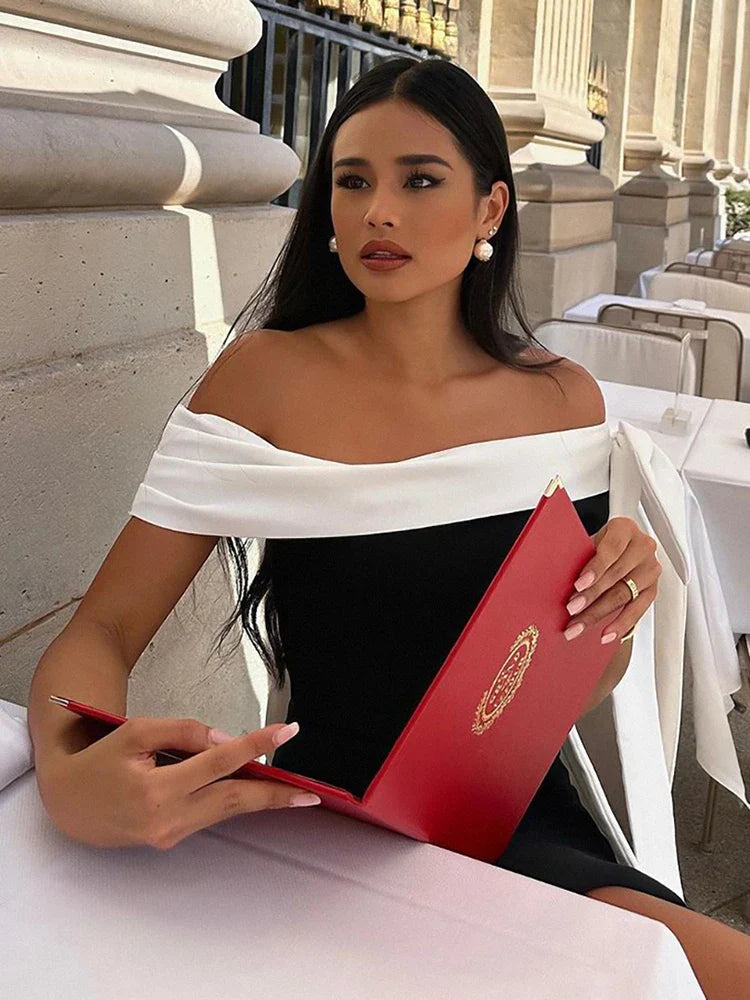 Black One Shoulder Contrast Tie Up  Midi Dress