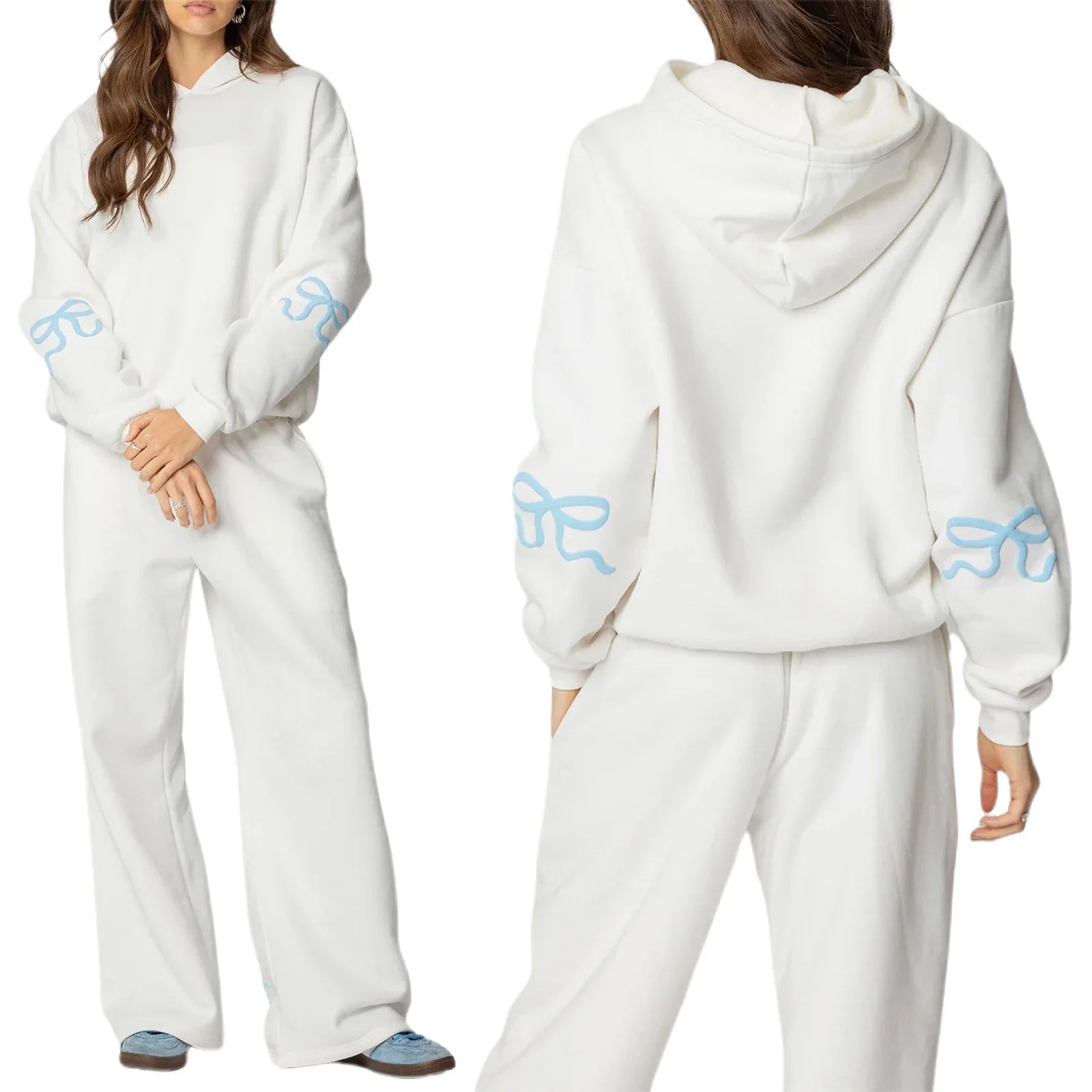 Bow Print Loose Fit Hoodie & Tracksuit Set - Women's Basics