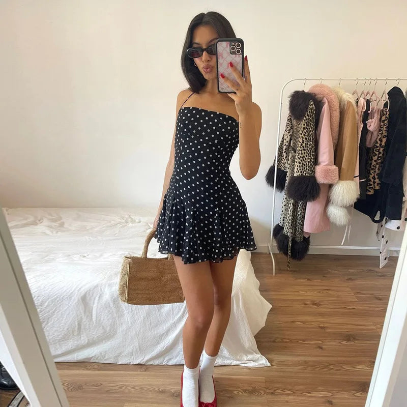 Black Polka Dot Halter Mini Dress