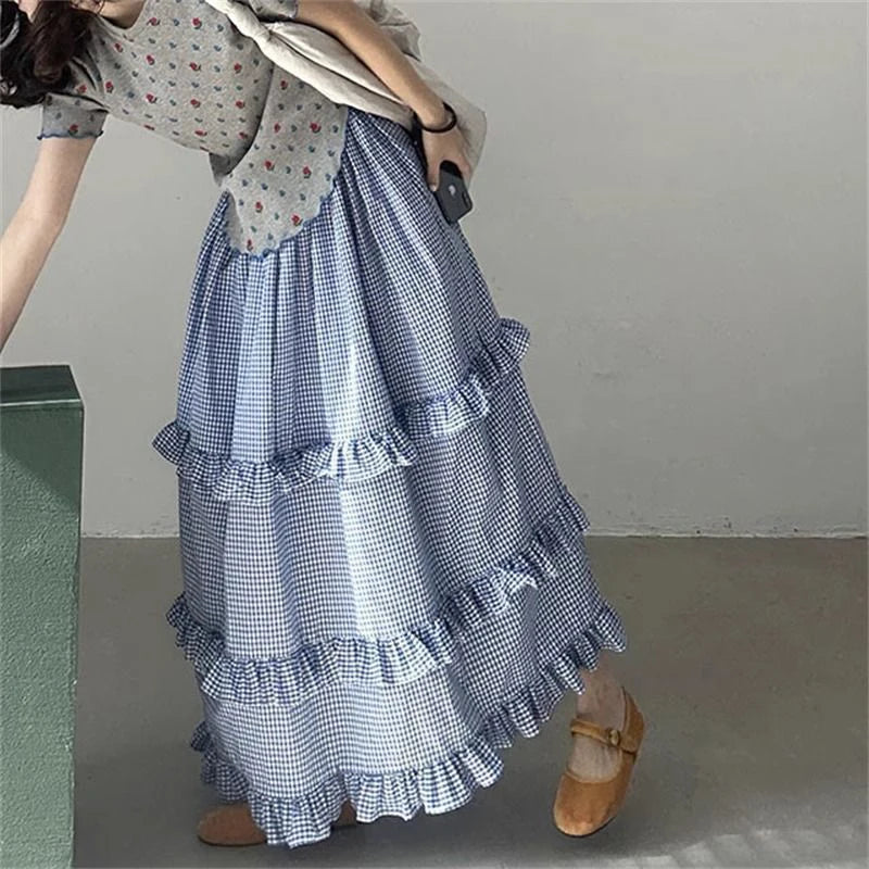 Blue Ruffles Plaid Long Skirt - Preppy A-Line