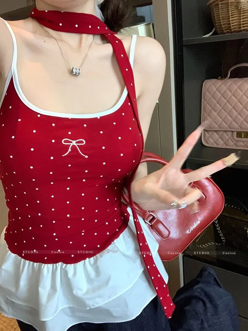 Red Polka Dot Bow Frill Top