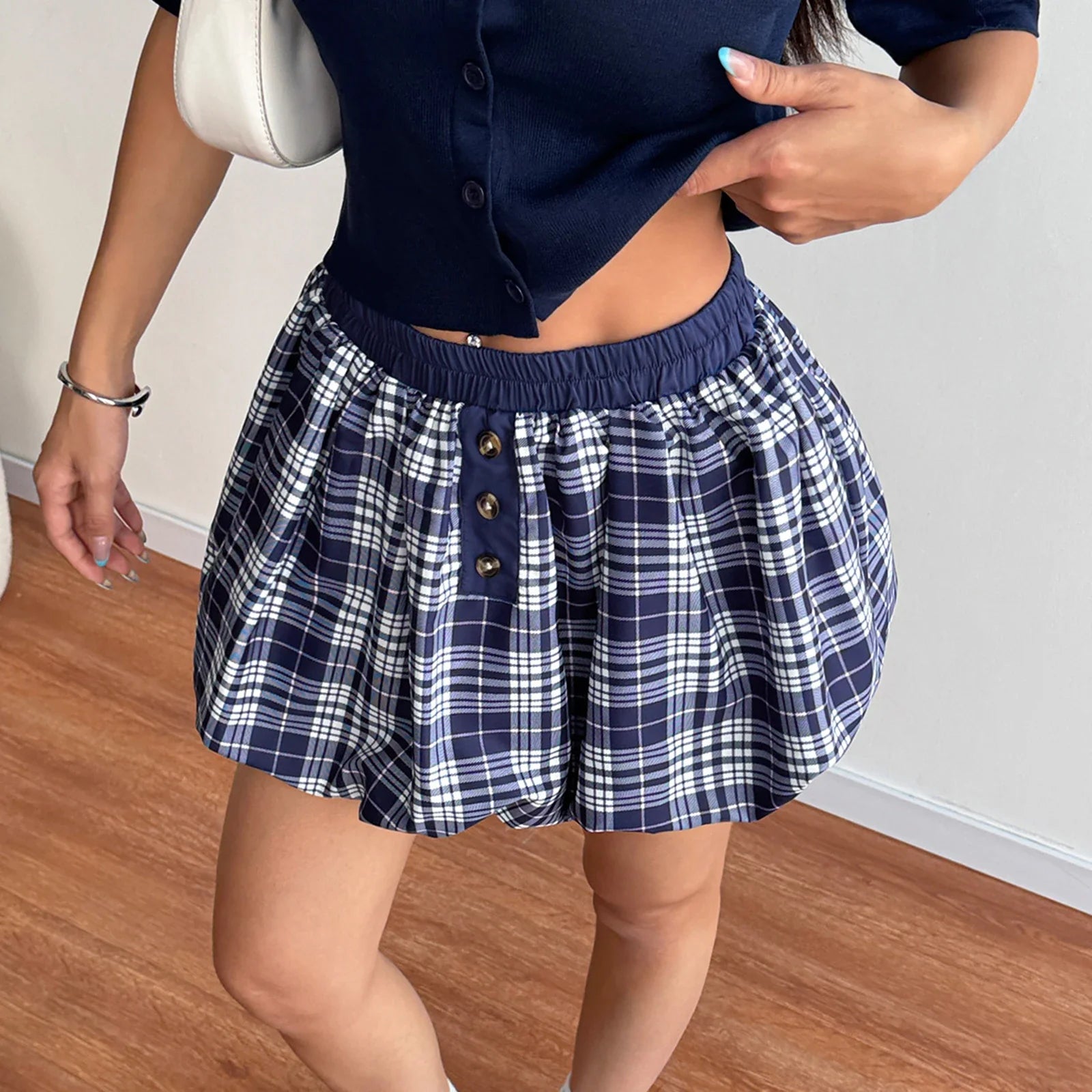 Blue Plaid Elastic High Waist Mini Skirt - A-Line Fit