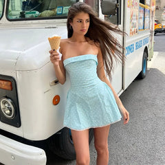 Blue Strapless Polka Dot Mini Dress