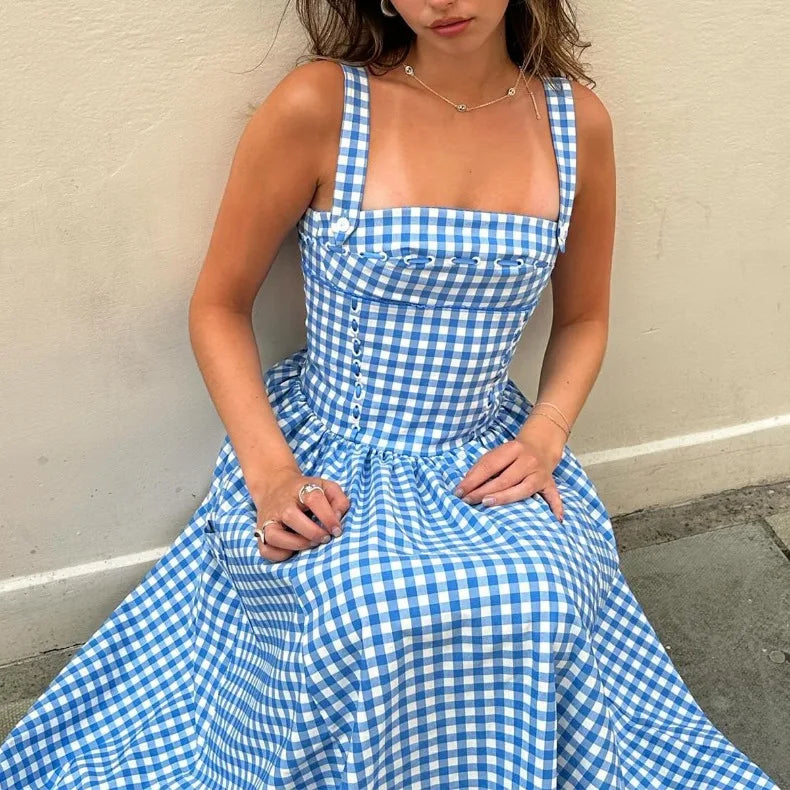 Blue Plaid Ribbon Lace Up Strap Midi Dress