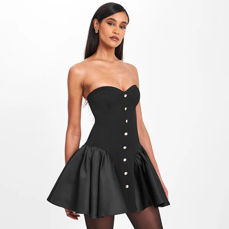Black Flare Gold Buttoned Strapless Mini Dress